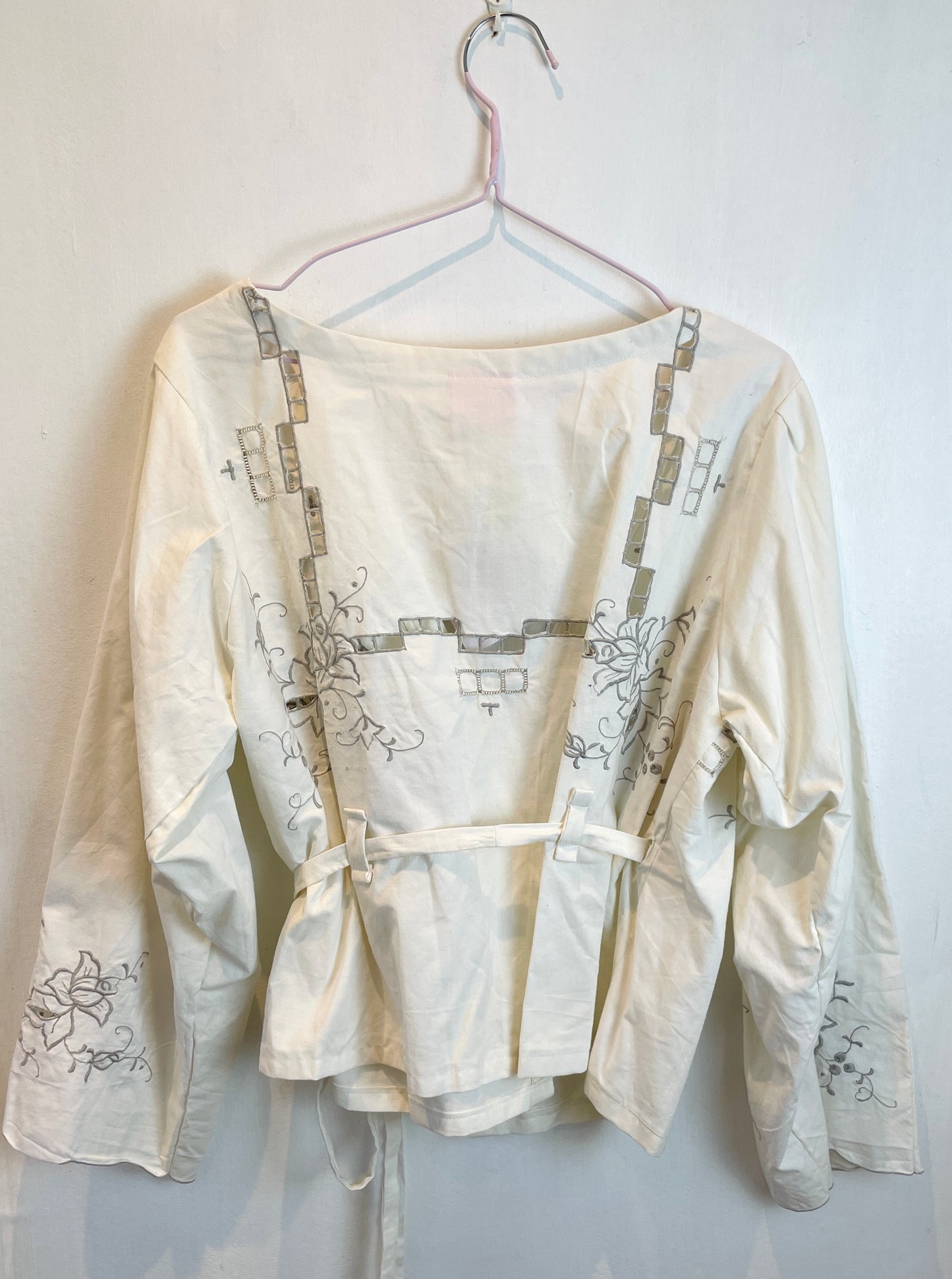 Eve Handmade White Linen Floral Embroidered Wrap Top - Up To Size 12