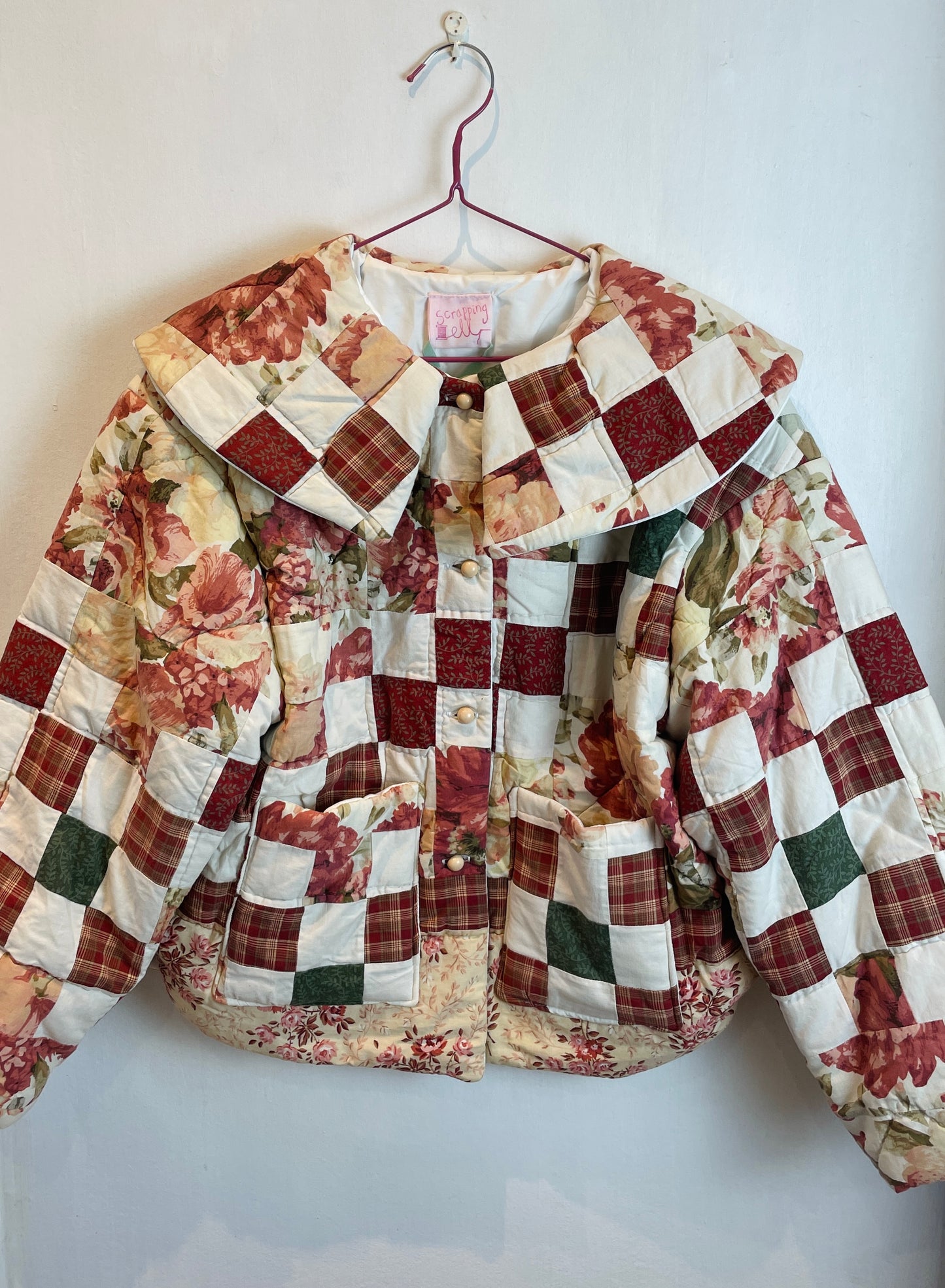 Penny Handmade Red Floral Patchwork Collared Quilted Jacket - Up To Size 12