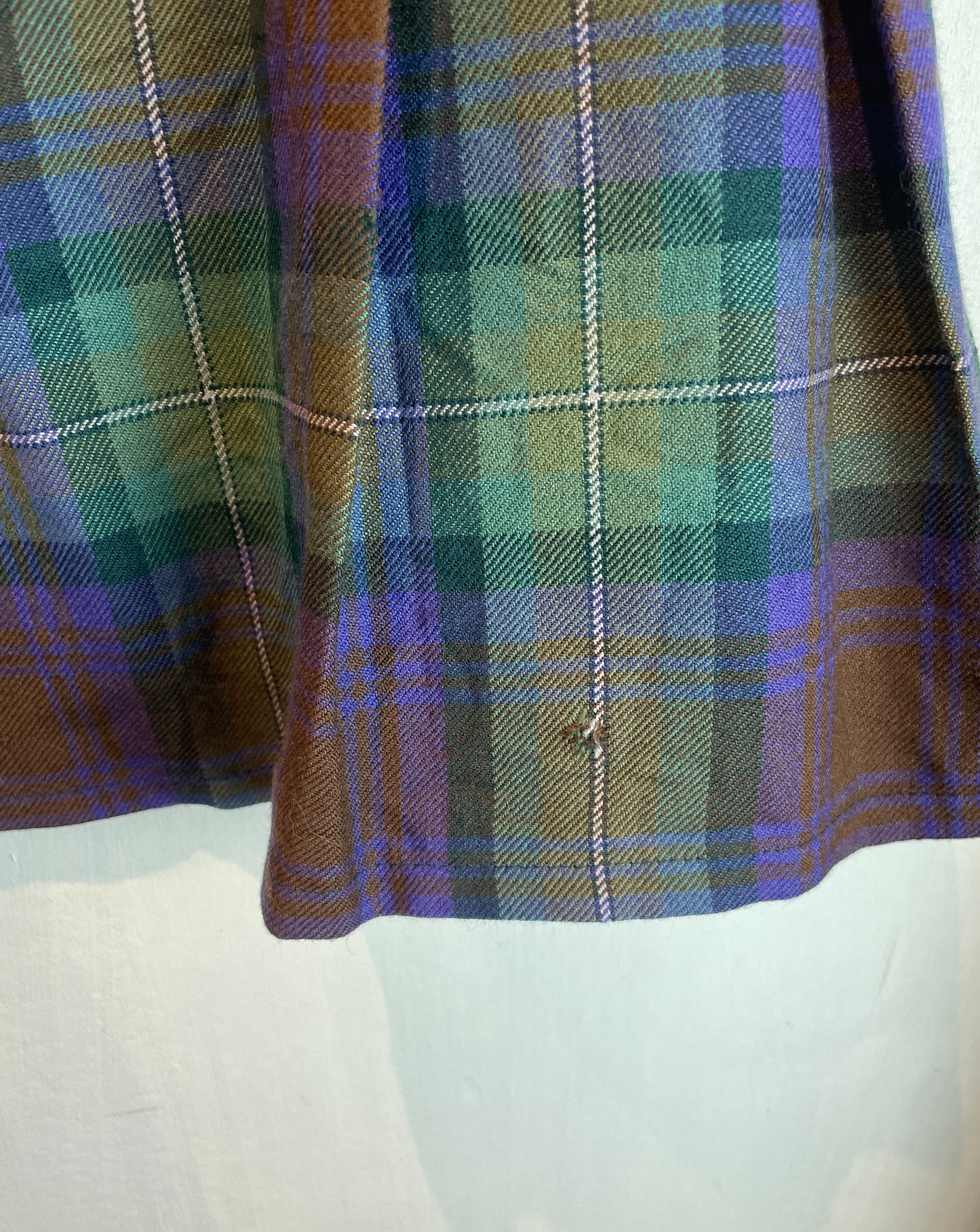 Vintage 80s Purple and Green Checked Wool Pleated Mini Wrap Skirt - Up To Size 12