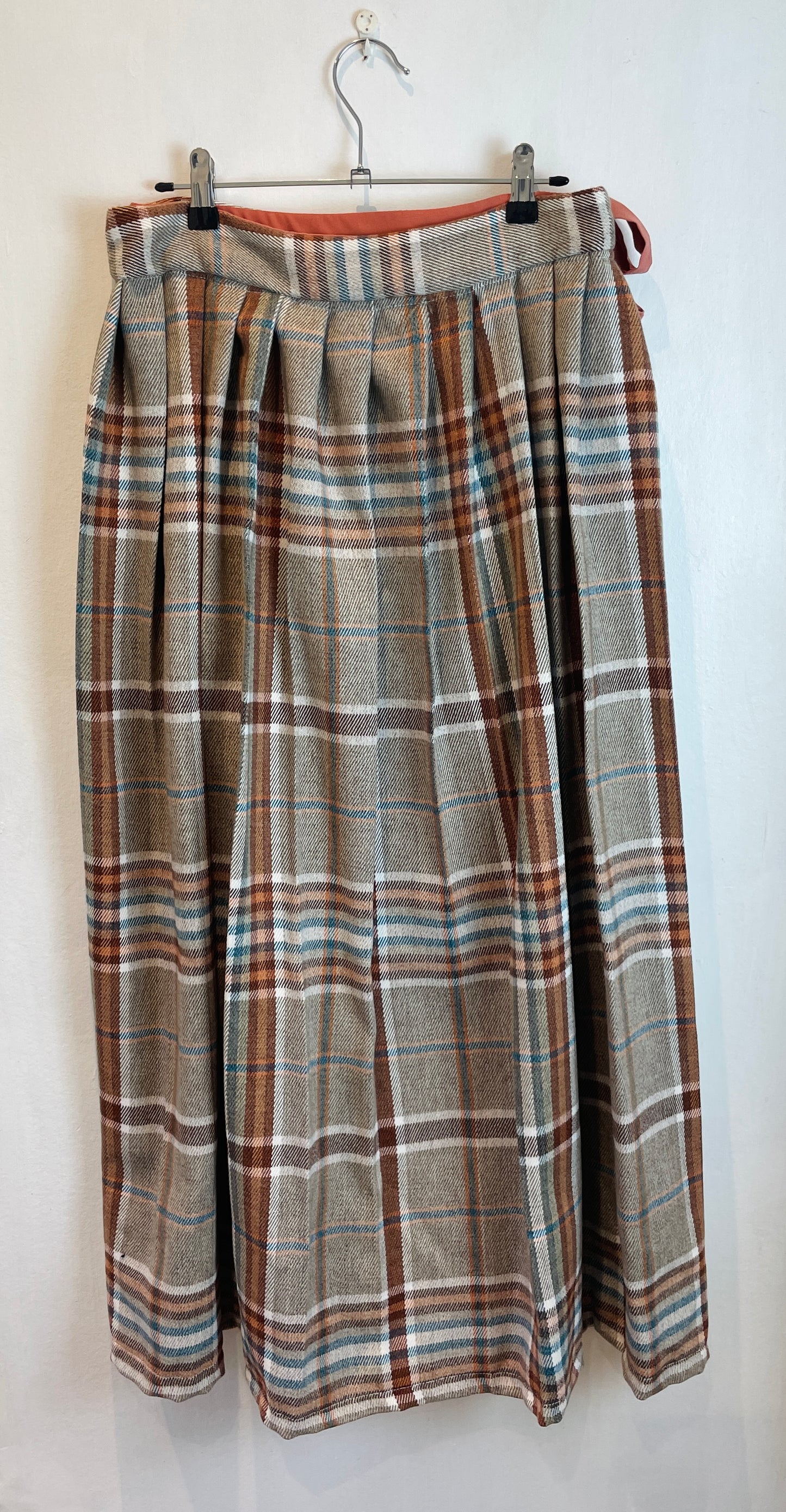 Bonnie Handmade Grey and Orange Wool Blend Checked Pleated Wrap Maxi Skirt - Size 10 and 12