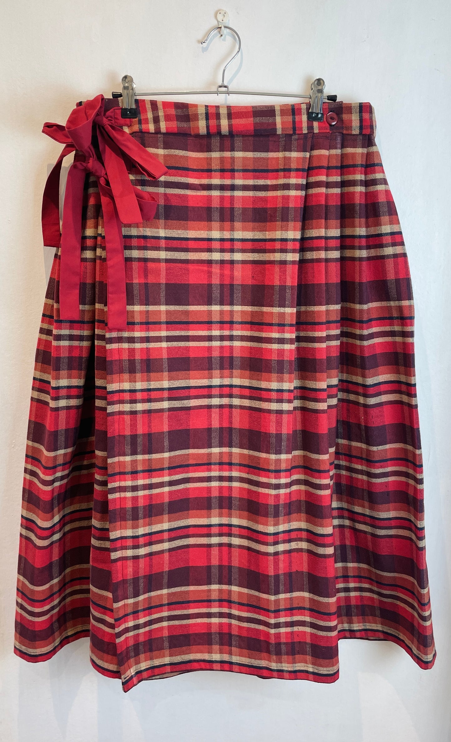 Bonnie Handmade Red Cotton Checked Pleated Wrap Maxi Skirt - Size 12 and 14