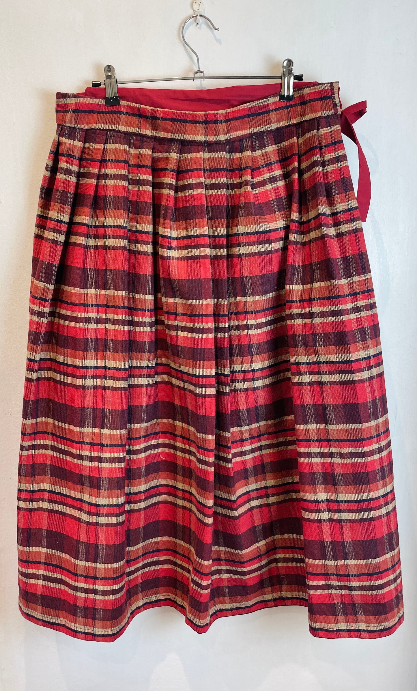 Bonnie Handmade Red Cotton Checked Pleated Wrap Maxi Skirt - Size 12 and 14