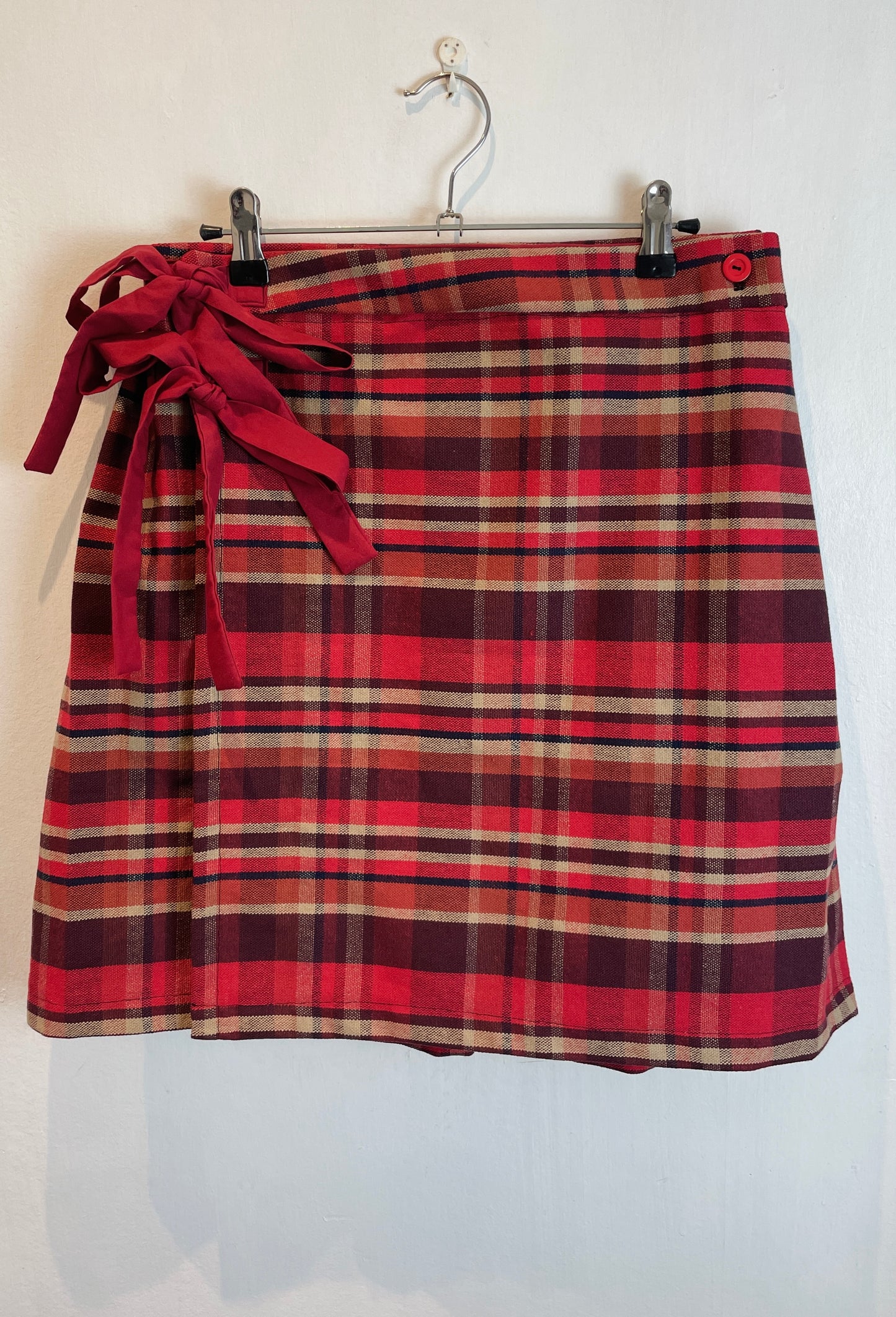 Bonnie Handmade Red Cotton Checked Pleated Wrap Mini Skirt - Size 10 and 12