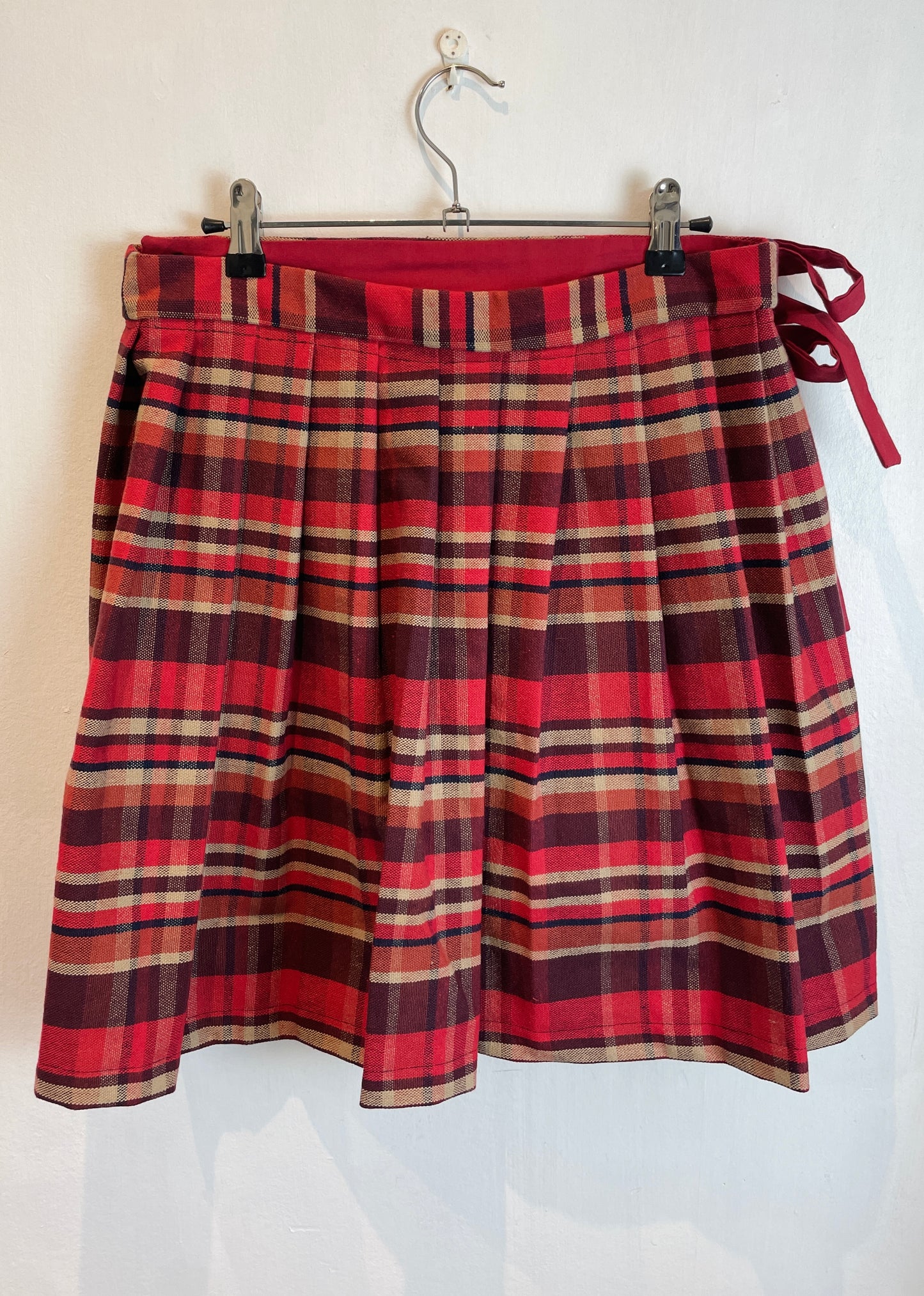 Bonnie Handmade Red Cotton Checked Pleated Wrap Mini Skirt - Size 10 and 12