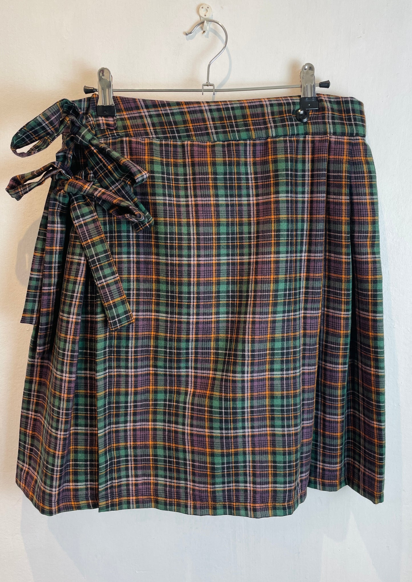 Bonnie Handmade Purple Cotton Checked Pleated Wrap Mini Skirt - Size 10 and 12