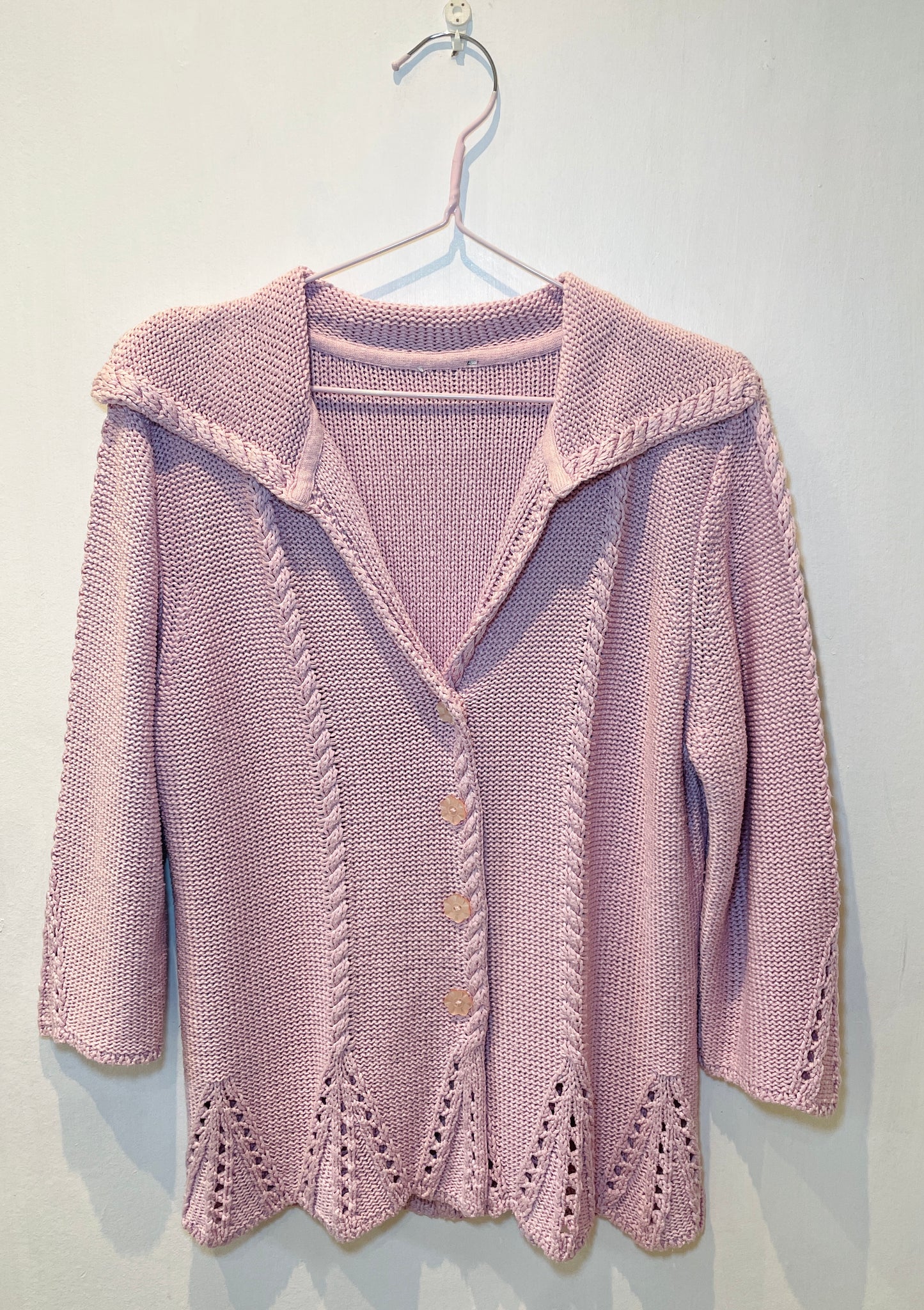 Vintage Pink Cotton Cable Knit V-Neck Collared Cardigan - Up To Size 14