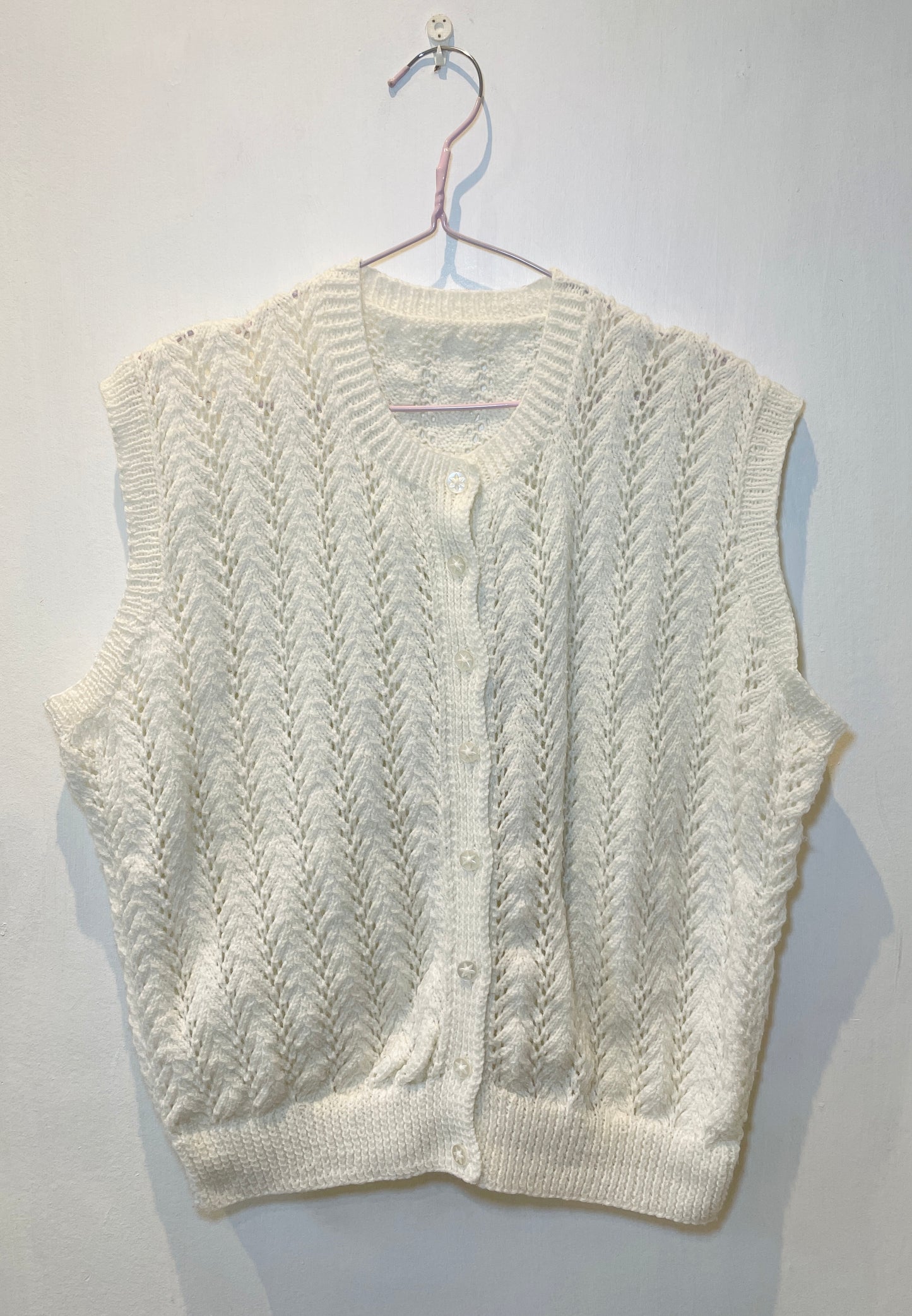 Vintage 90s White Pointelle Handknit Sleeveless Cardigan - Up To Size 14