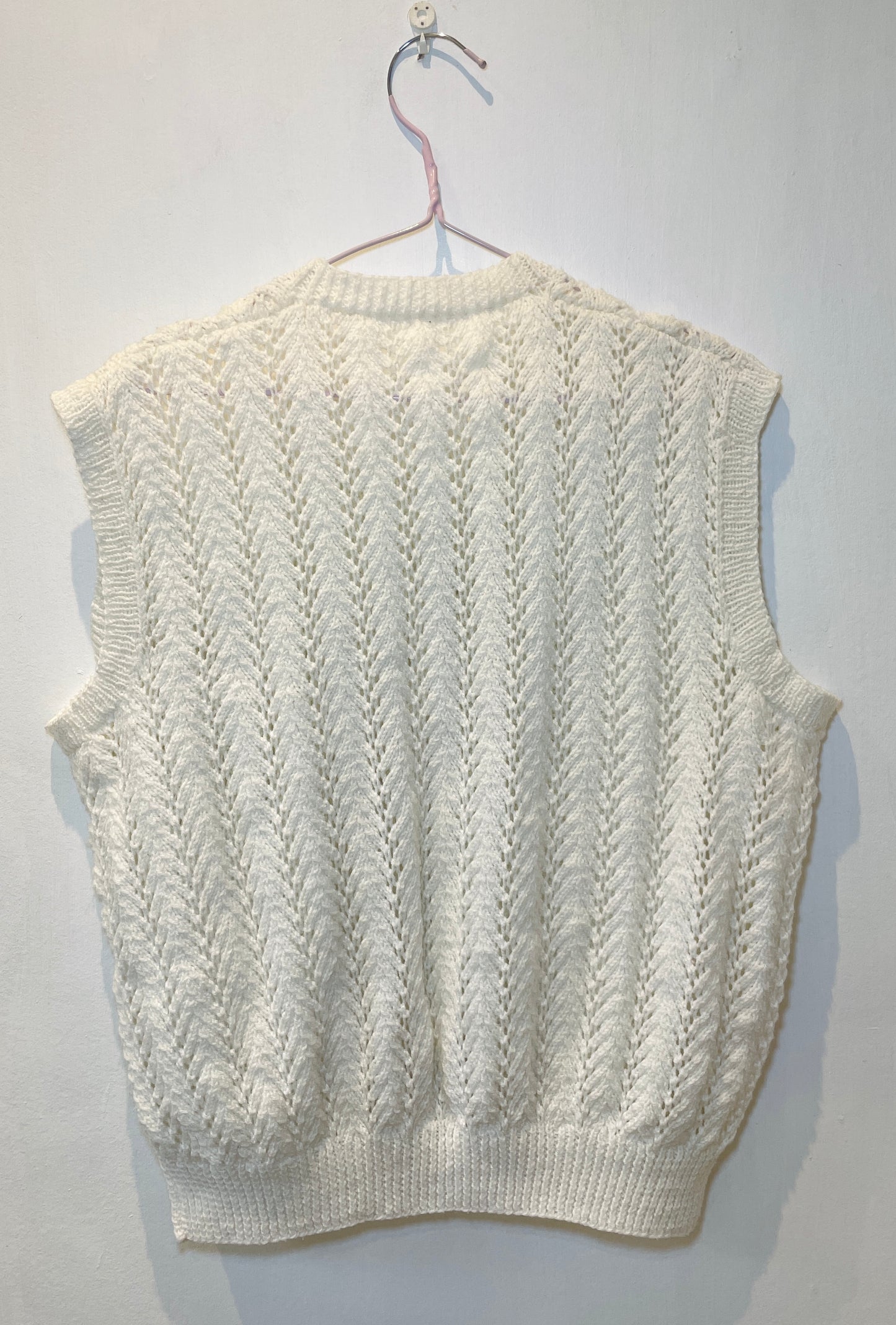 Vintage 90s White Pointelle Handknit Sleeveless Cardigan - Up To Size 14