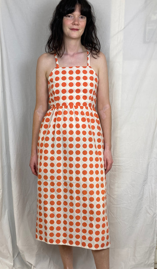 Zarah Handmade Cross Back Orange Polka Dot Midi Dress - Up To Size 12