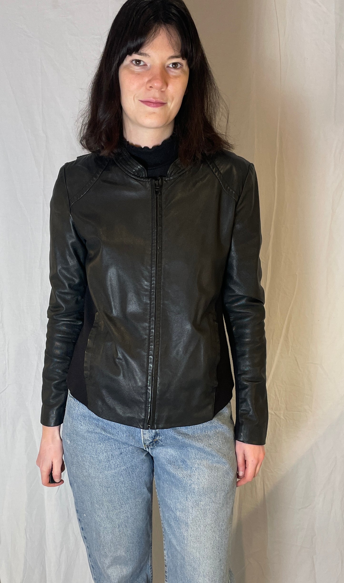 Vintage Y2K Black Leather Jacket with Fabric Panels - Up To Size 12