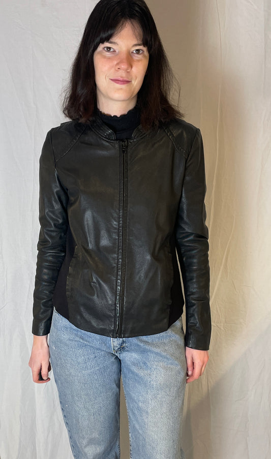 Vintage Y2K Black Leather Jacket with Fabric Panels - Up To Size 12