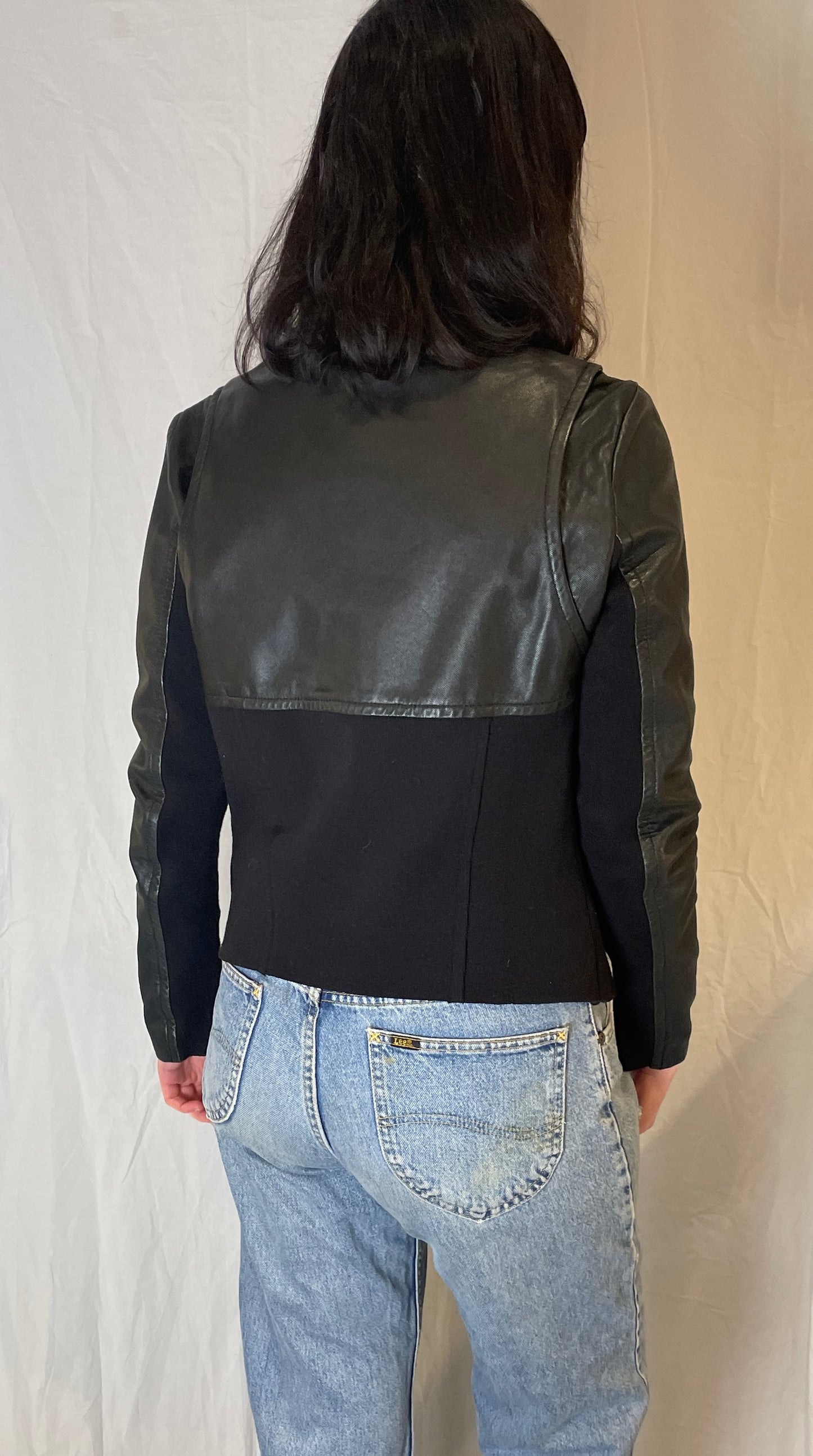 Vintage Y2K Black Leather Jacket with Fabric Panels - Up To Size 12