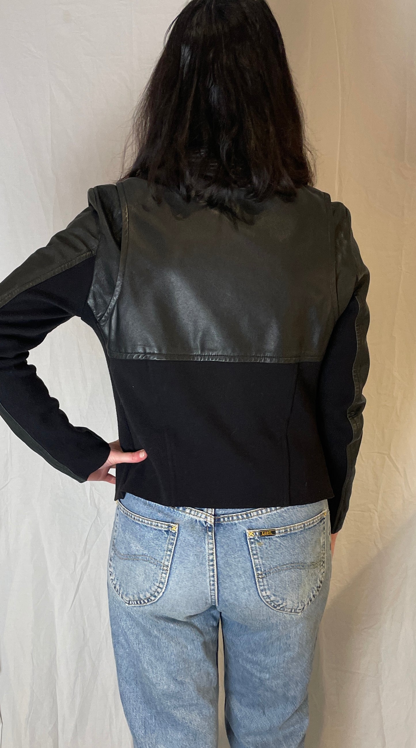 Vintage Y2K Black Leather Jacket with Fabric Panels - Up To Size 12
