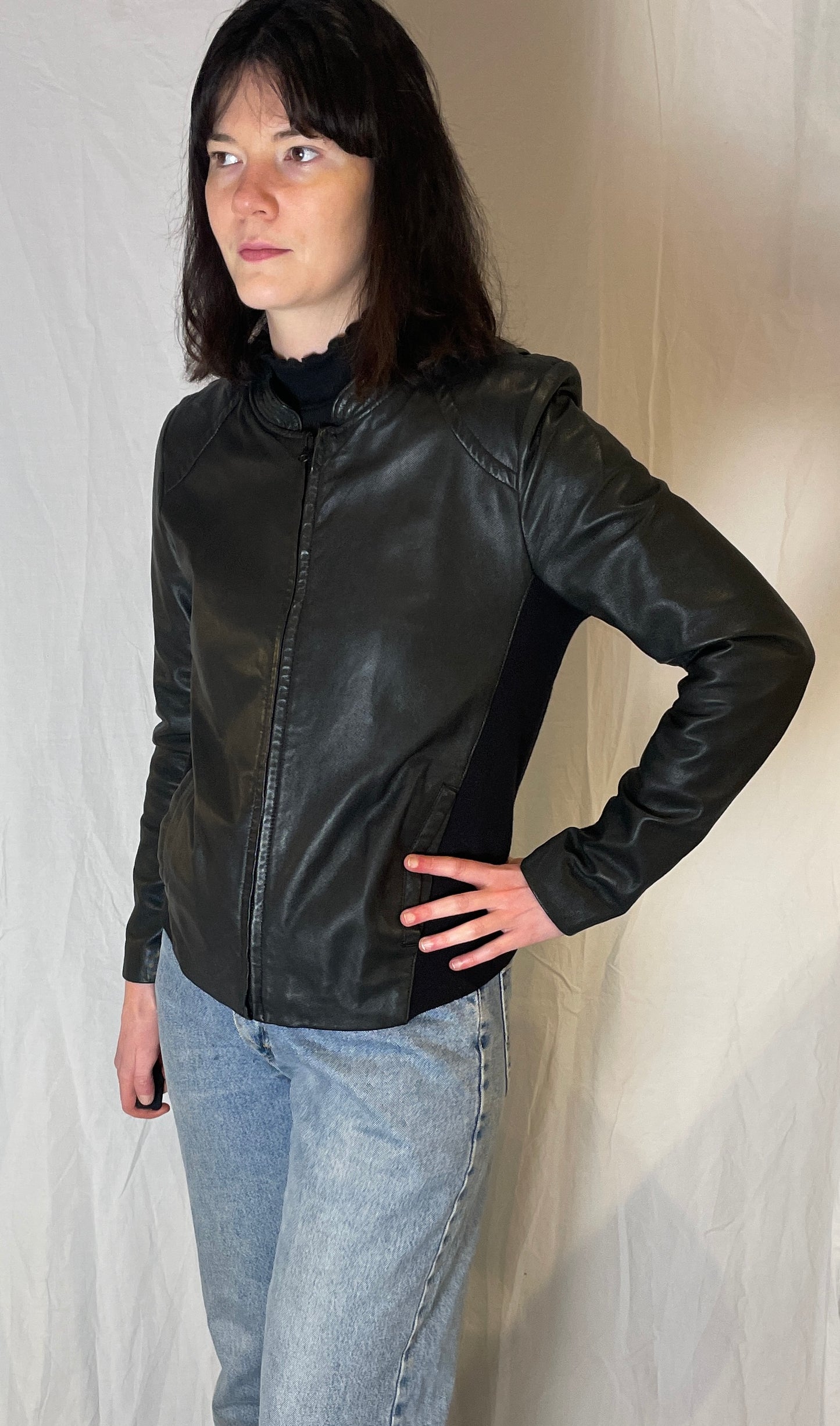 Vintage Y2K Black Leather Jacket with Fabric Panels - Up To Size 12