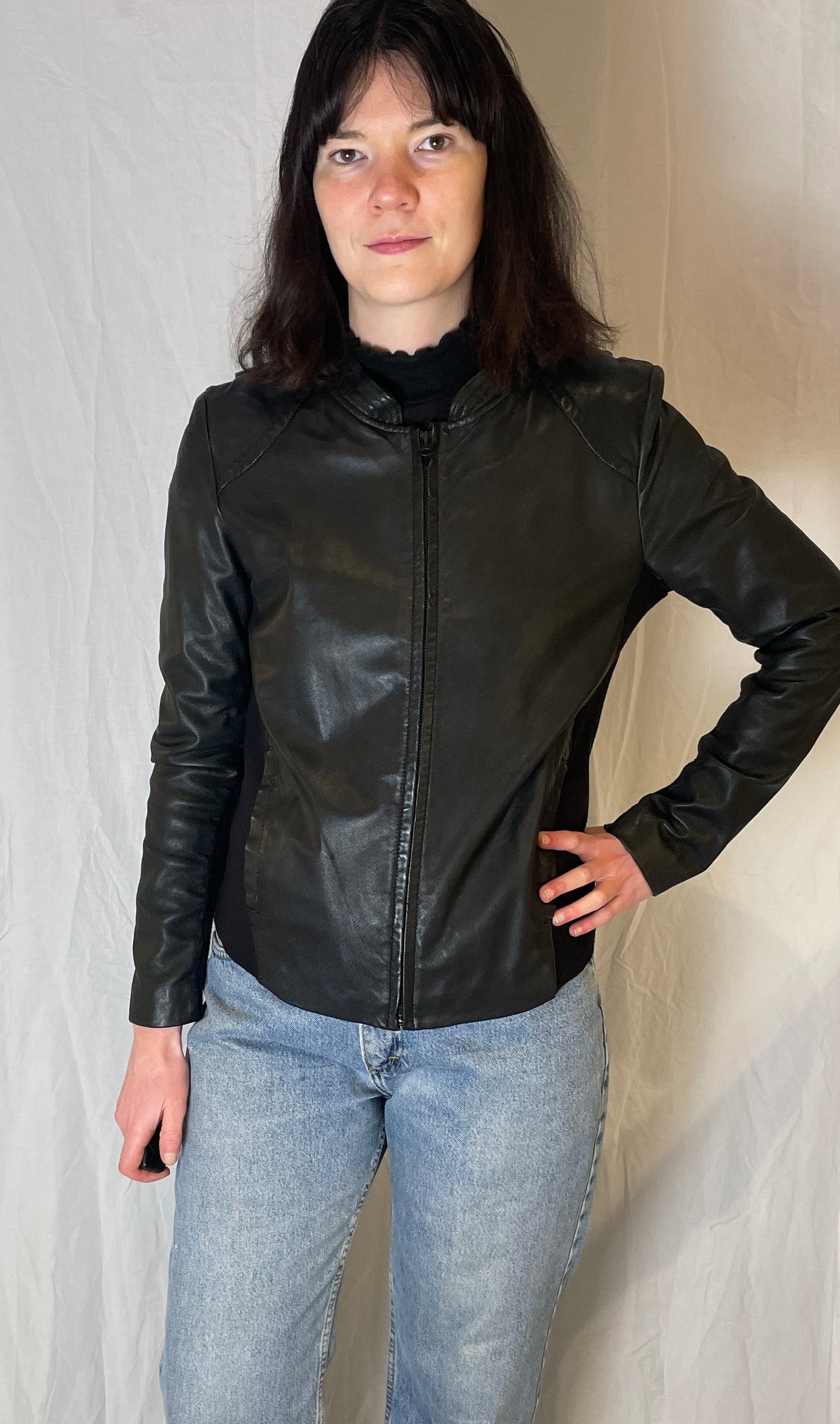 Vintage Y2K Black Leather Jacket with Fabric Panels - Up To Size 12