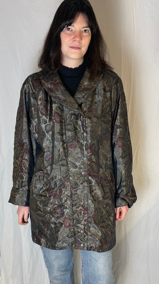 Vintage 80s Floral Metallic Quilted Collared Coat - Up To Size 14