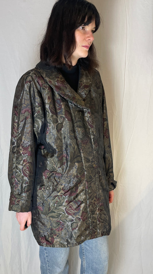 Vintage 80s Floral Metallic Quilted Collared Coat - Up To Size 14