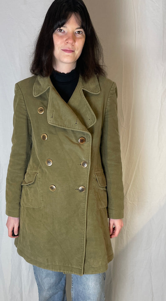 Vintage 90s Olive Green Cotton Velvet Trench Coat - Up To Size 10