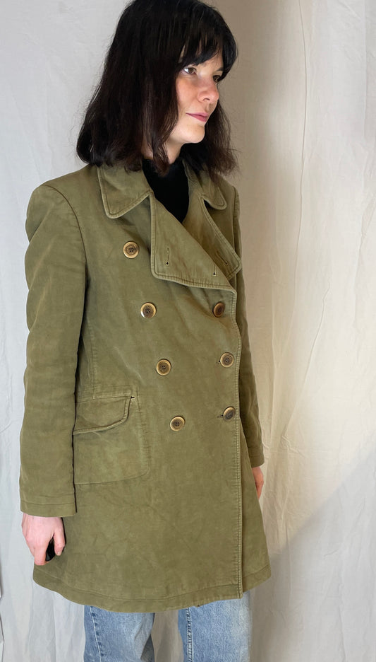 Vintage 90s Olive Green Cotton Velvet Trench Coat - Up To Size 10