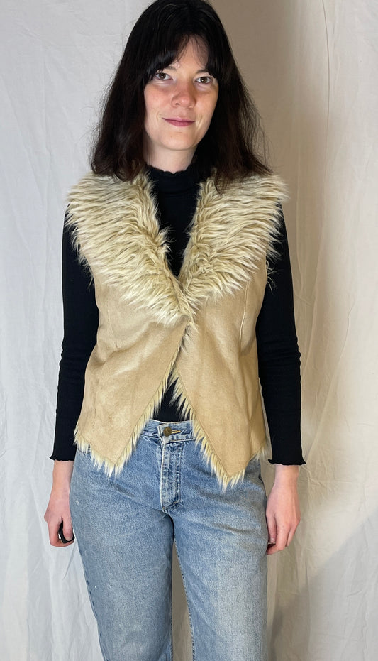 Vintage Y2K Beige Shearling Lined Faux Suede Gilet - Up To Size 12