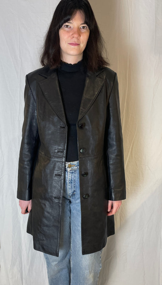 Vintage 90s Corty Bennett Black Long Leather Coat - Up To Size 12