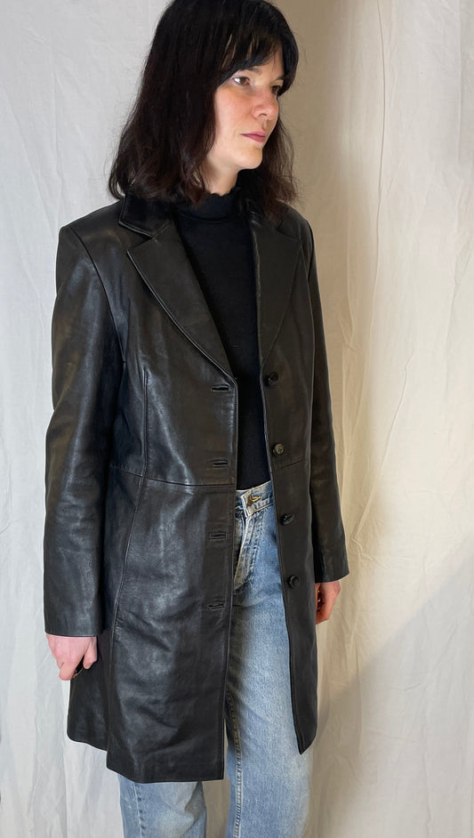 Vintage 90s Corty Bennett Black Long Leather Coat - Up To Size 12