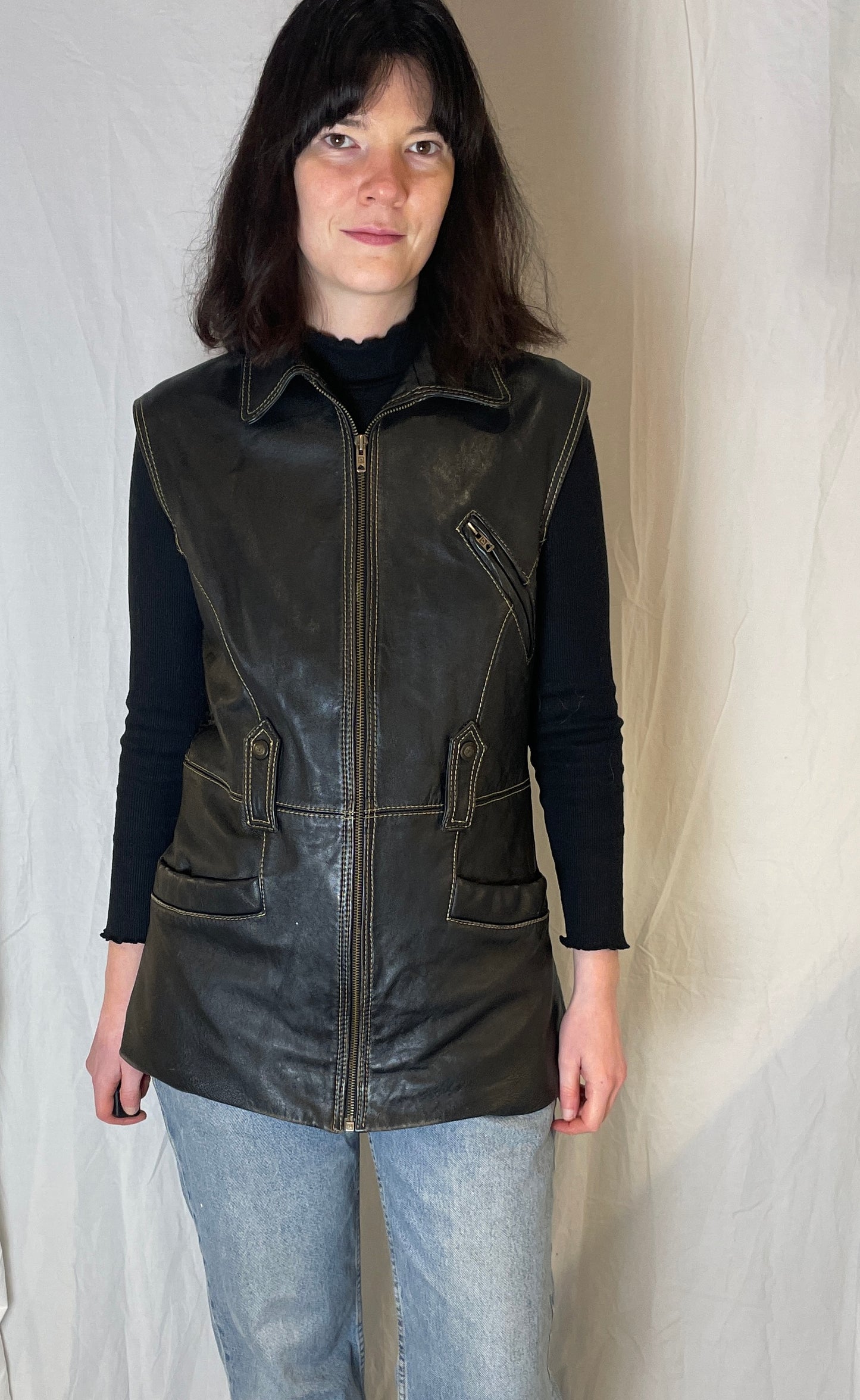 Vintage 90s Black Utility Long Sleeveless Leather Jacket - Up To Size 12