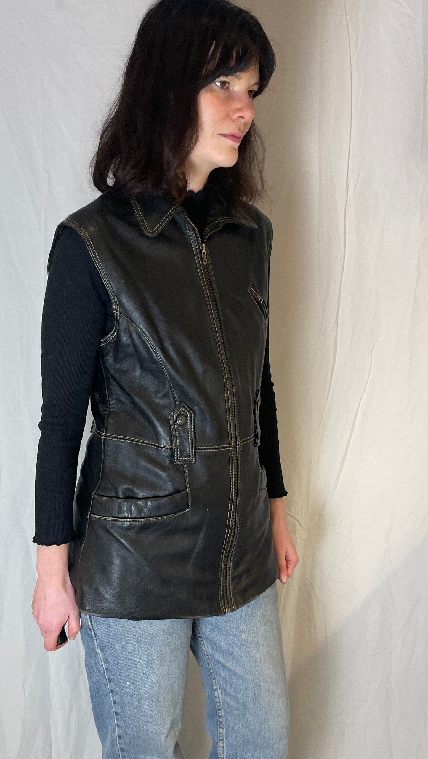 Vintage 90s Black Utility Long Sleeveless Leather Jacket - Up To Size 12