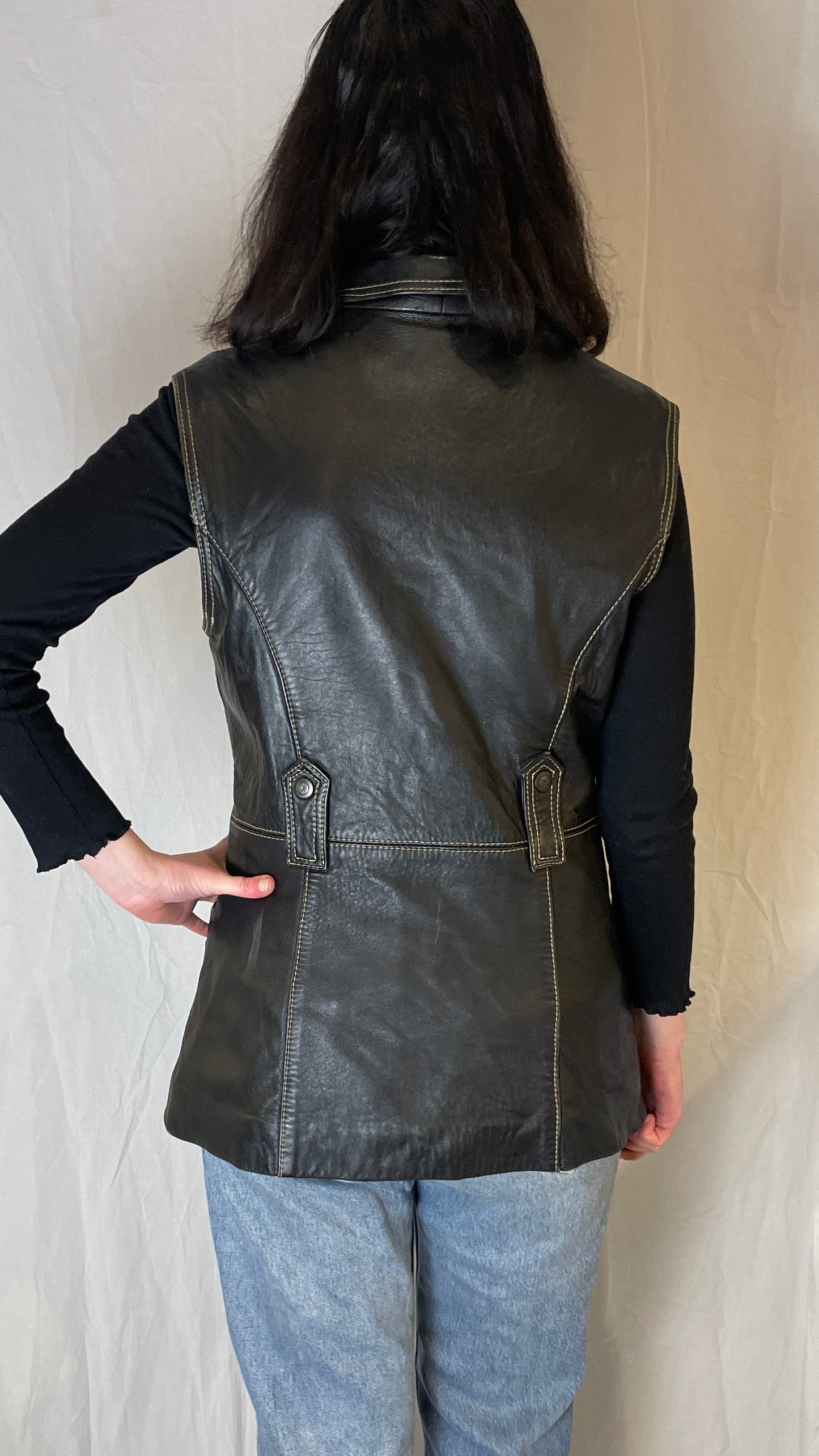 Vintage 90s Black Utility Long Sleeveless Leather Jacket - Up To Size 12