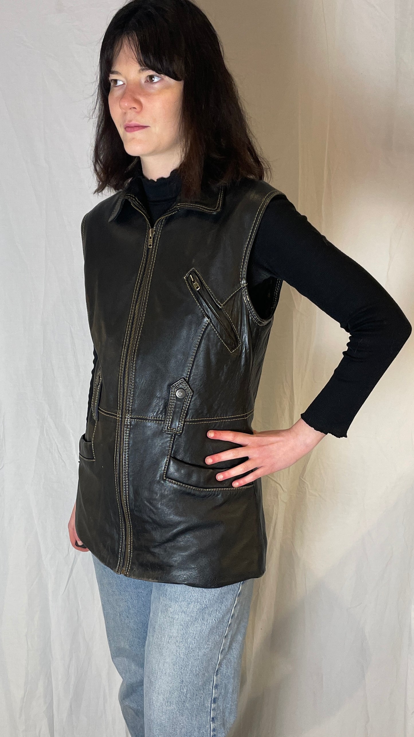 Vintage 90s Black Utility Long Sleeveless Leather Jacket - Up To Size 12