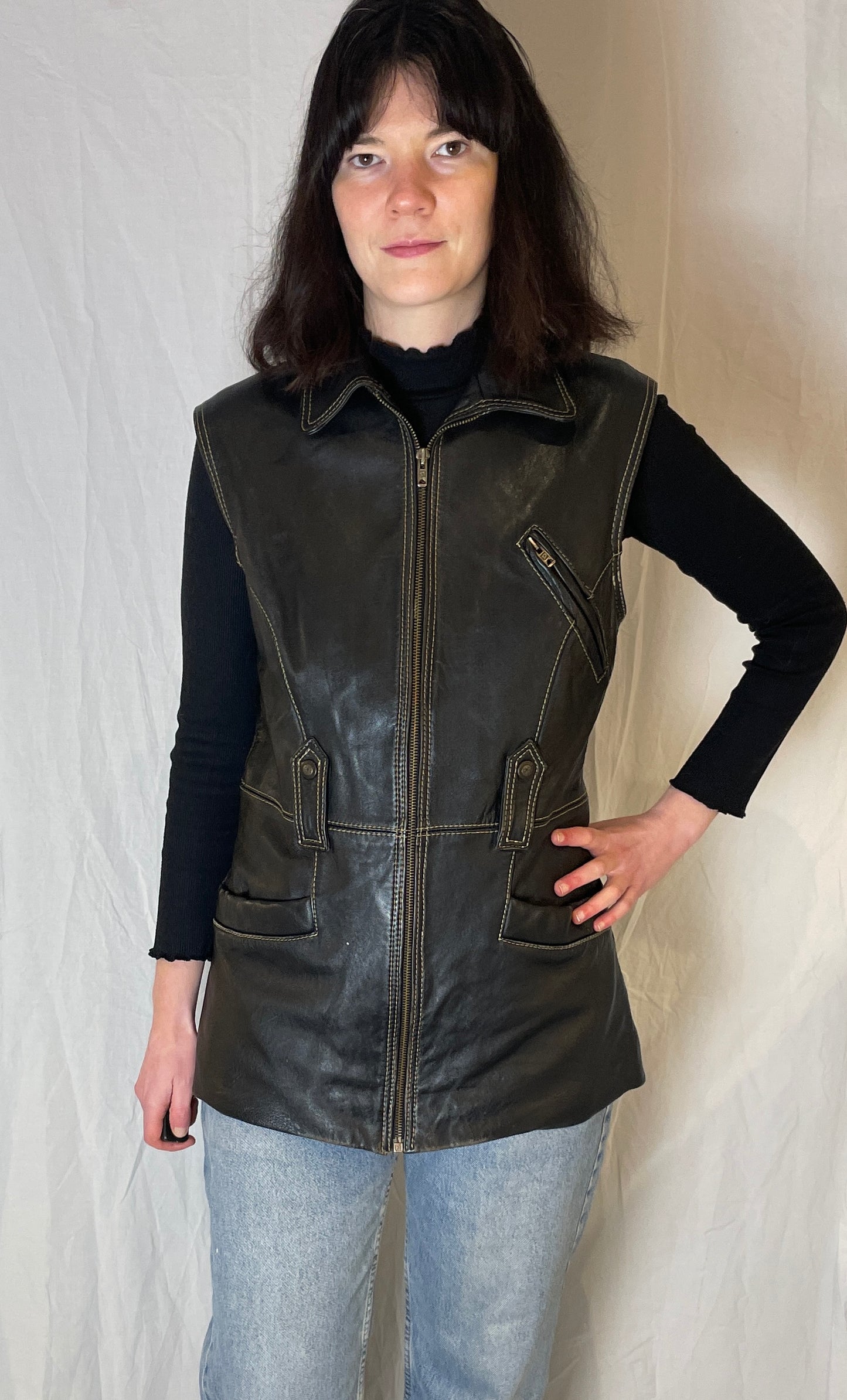 Vintage 90s Black Utility Long Sleeveless Leather Jacket - Up To Size 12