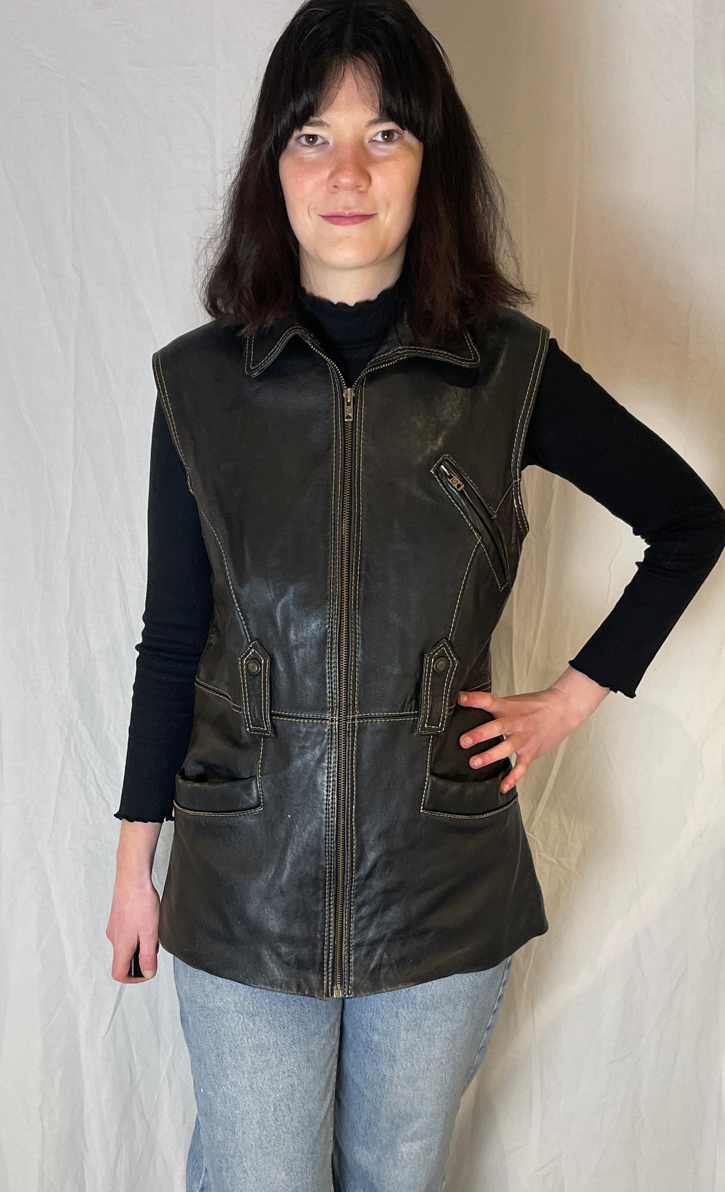 Vintage 90s Black Utility Long Sleeveless Leather Jacket - Up To Size 12
