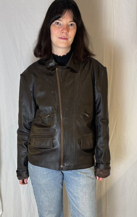 Vintage 90s Dark Brown Unisex Leather Biker Jacket - Up To Size 16