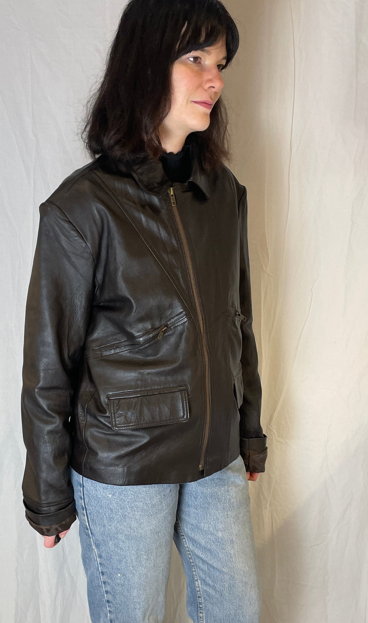 Vintage 90s Dark Brown Unisex Leather Biker Jacket - Up To Size 16