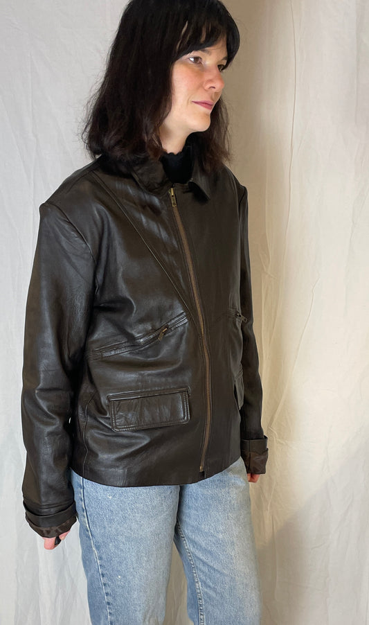 Vintage 90s Dark Brown Unisex Leather Biker Jacket - Up To Size 16