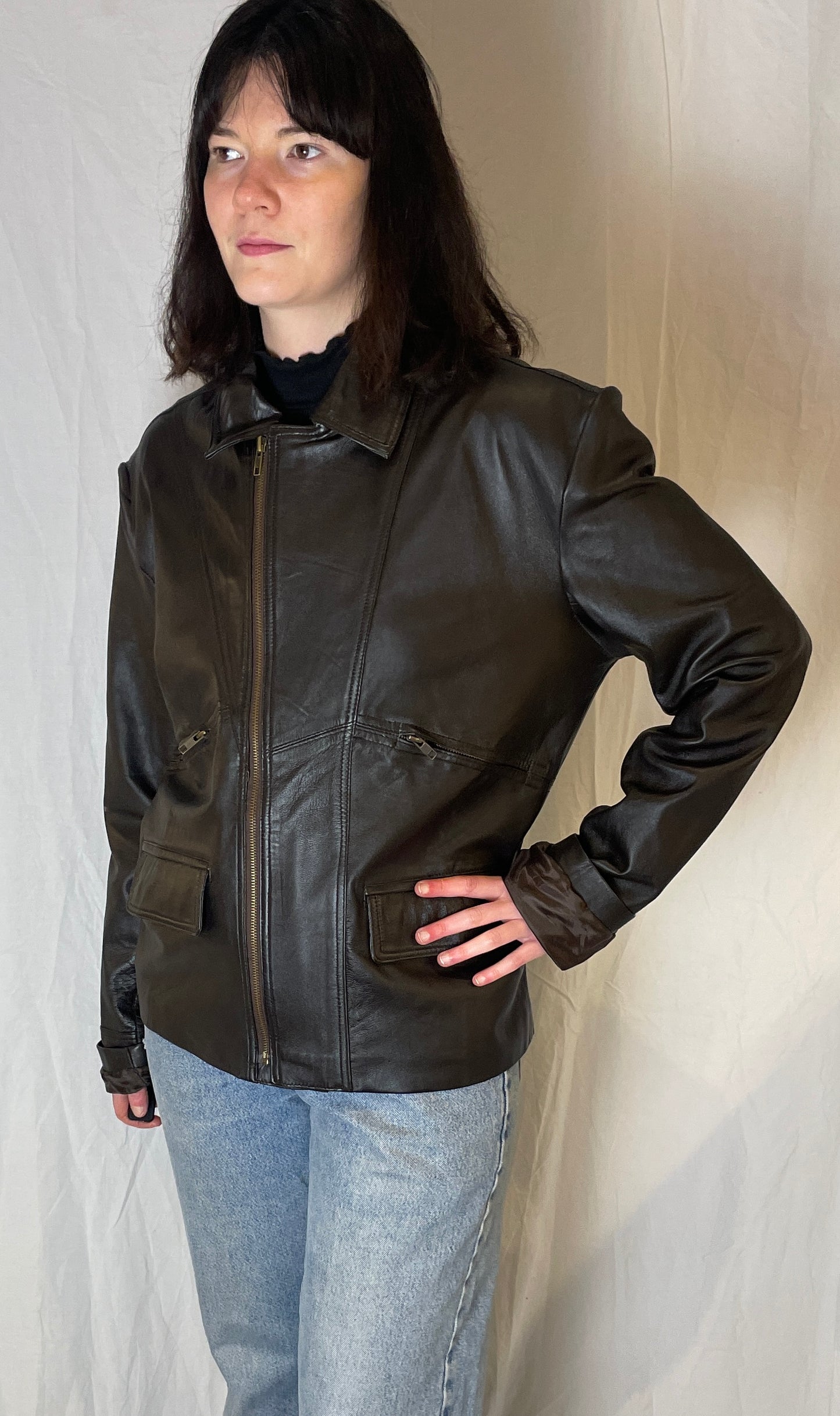 Vintage 90s Dark Brown Unisex Leather Biker Jacket - Up To Size 16