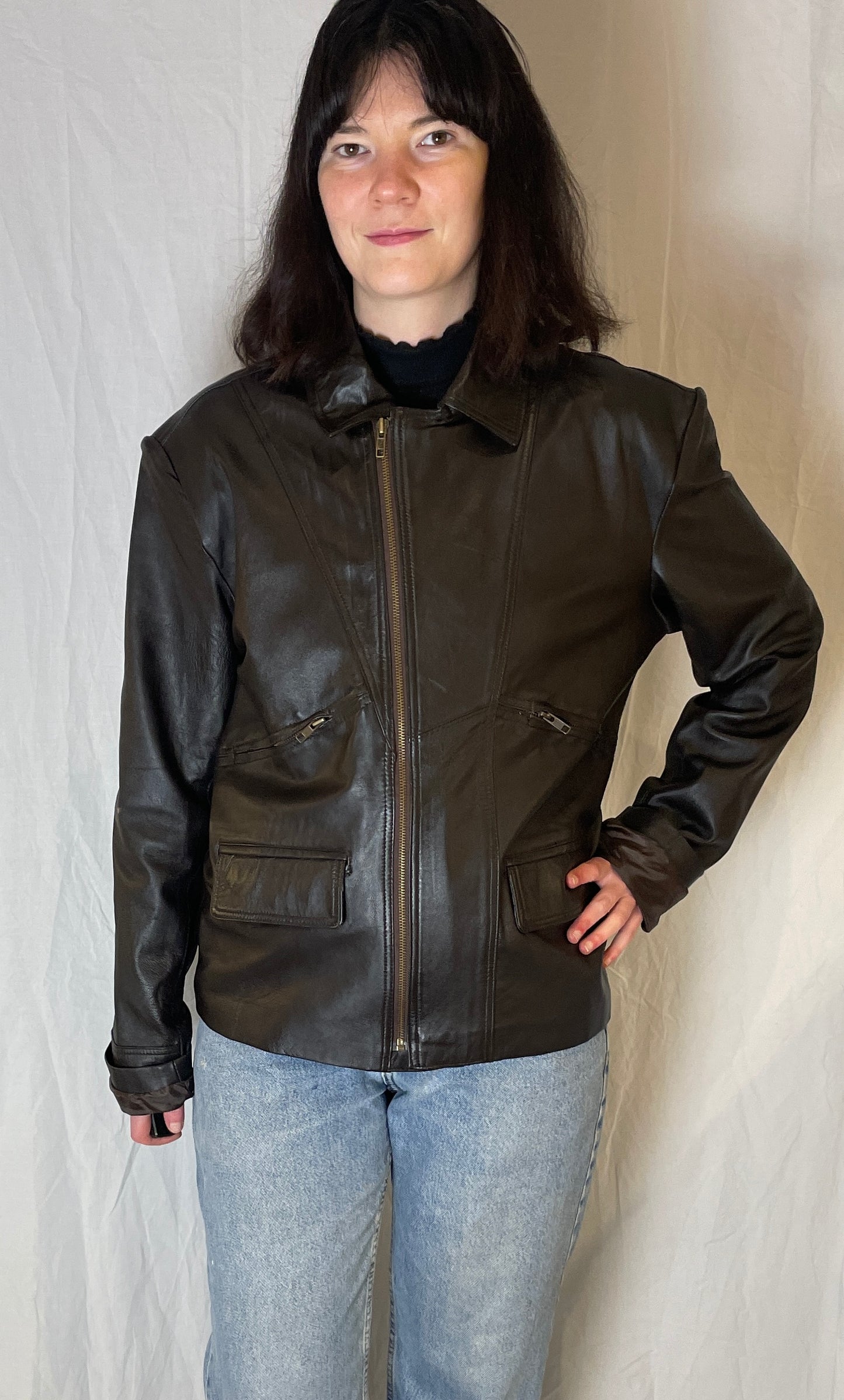 Vintage 90s Dark Brown Unisex Leather Biker Jacket - Up To Size 16