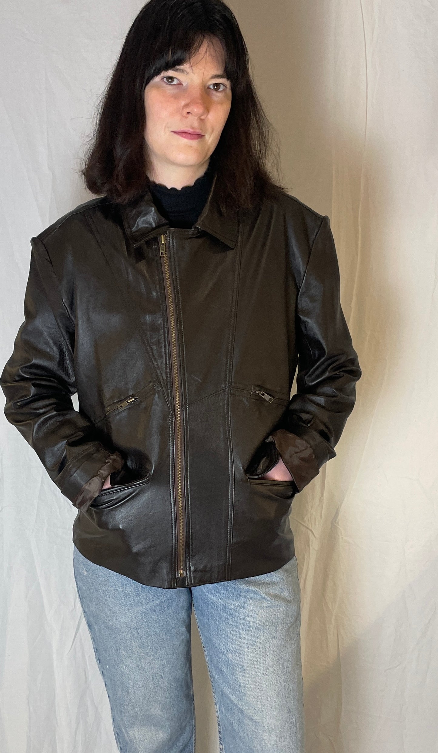 Vintage 90s Dark Brown Unisex Leather Biker Jacket - Up To Size 16