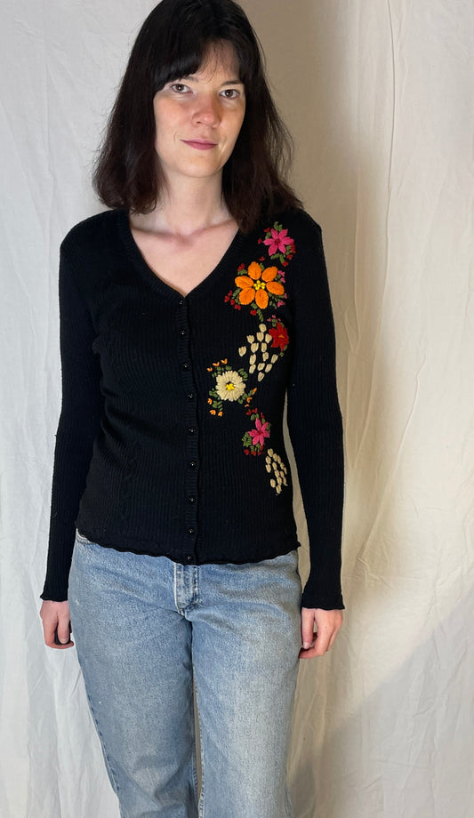 Vintage Y2K Black Knitted Floral Embroidered Cardigan - Up To Size 10