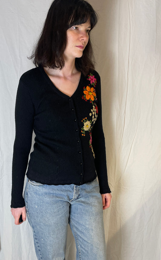 Vintage Y2K Black Knitted Floral Embroidered Cardigan - Up To Size 10