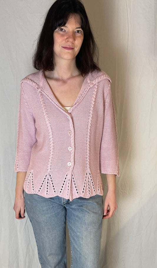 Vintage Pink Cotton Cable Knit V-Neck Collared Cardigan - Up To Size 14