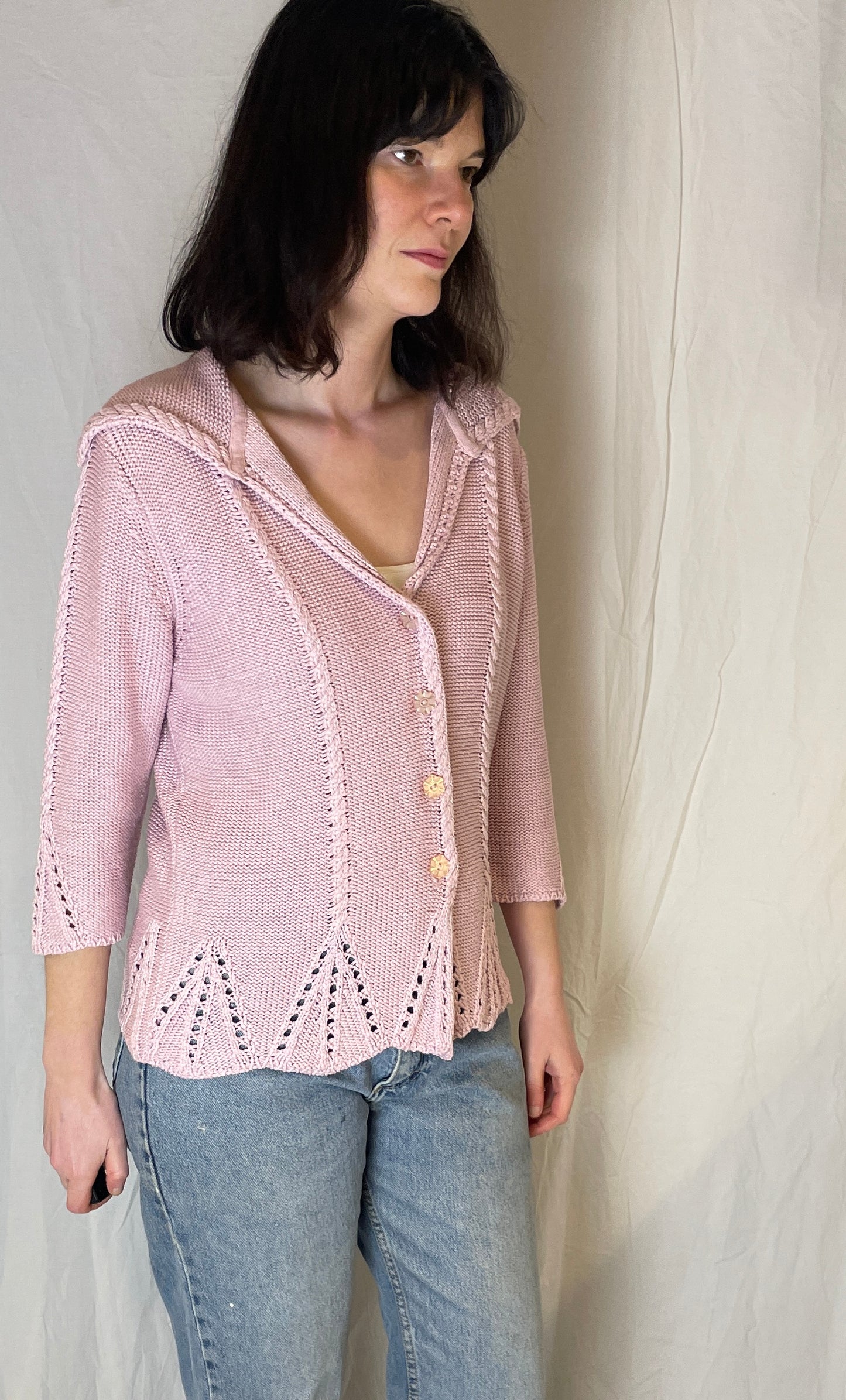 Vintage Pink Cotton Cable Knit V-Neck Collared Cardigan - Up To Size 14