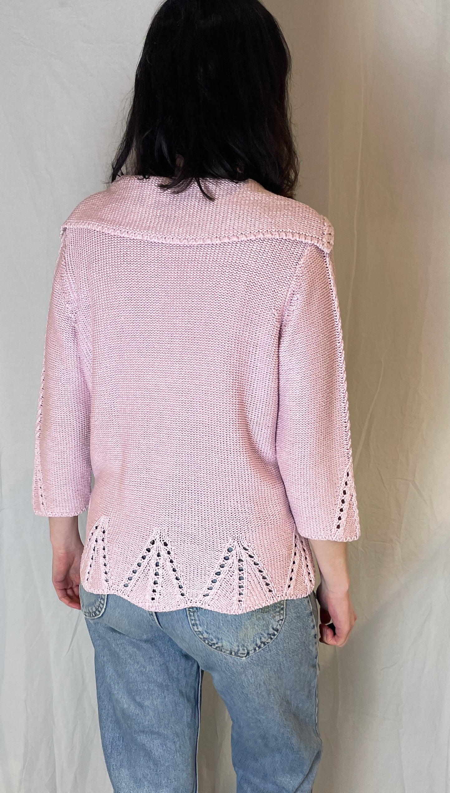 Vintage Pink Cotton Cable Knit V-Neck Collared Cardigan - Up To Size 14