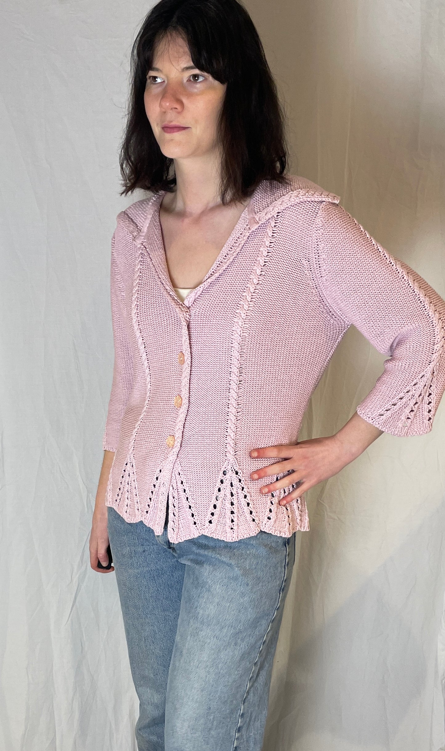 Vintage Pink Cotton Cable Knit V-Neck Collared Cardigan - Up To Size 14