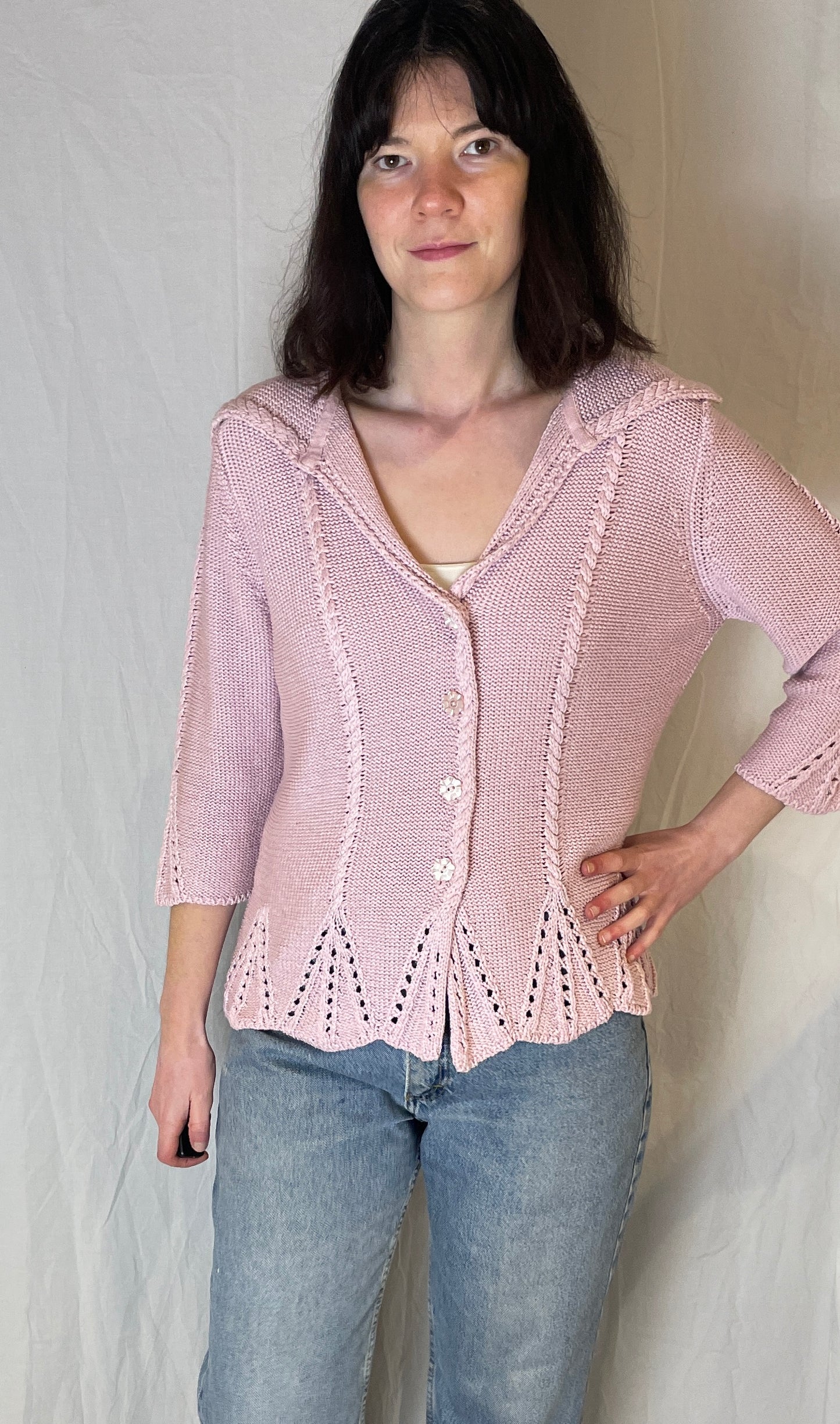 Vintage Pink Cotton Cable Knit V-Neck Collared Cardigan - Up To Size 14