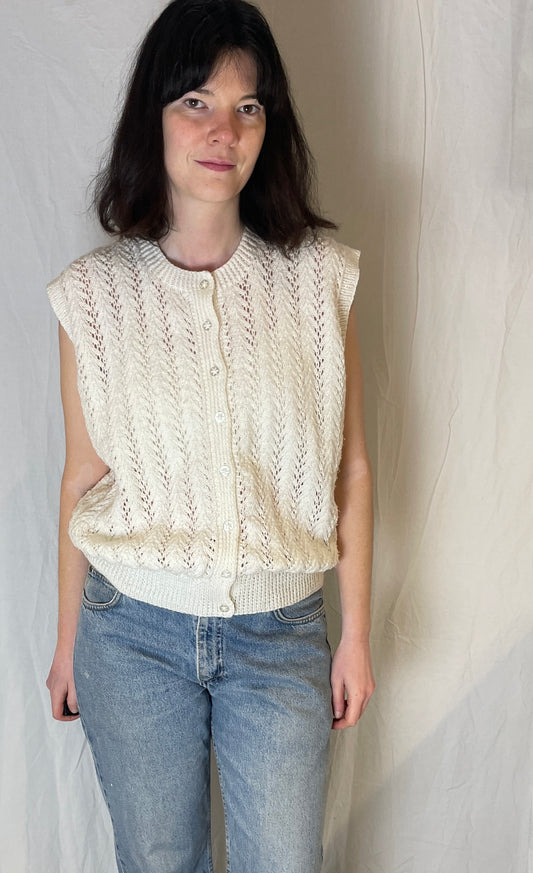 Vintage 90s White Pointelle Handknit Sleeveless Cardigan - Up To Size 14