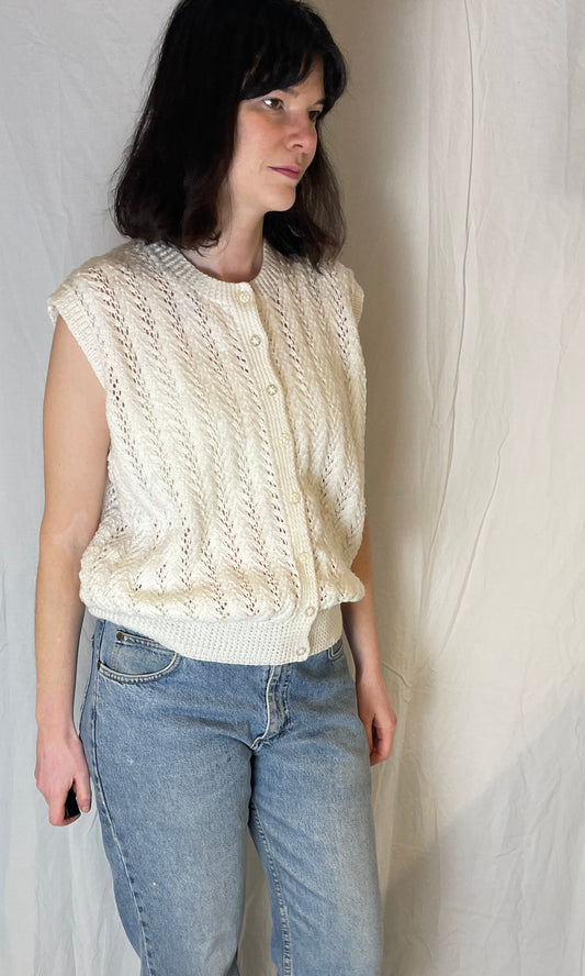 Vintage 90s White Pointelle Handknit Sleeveless Cardigan - Up To Size 14