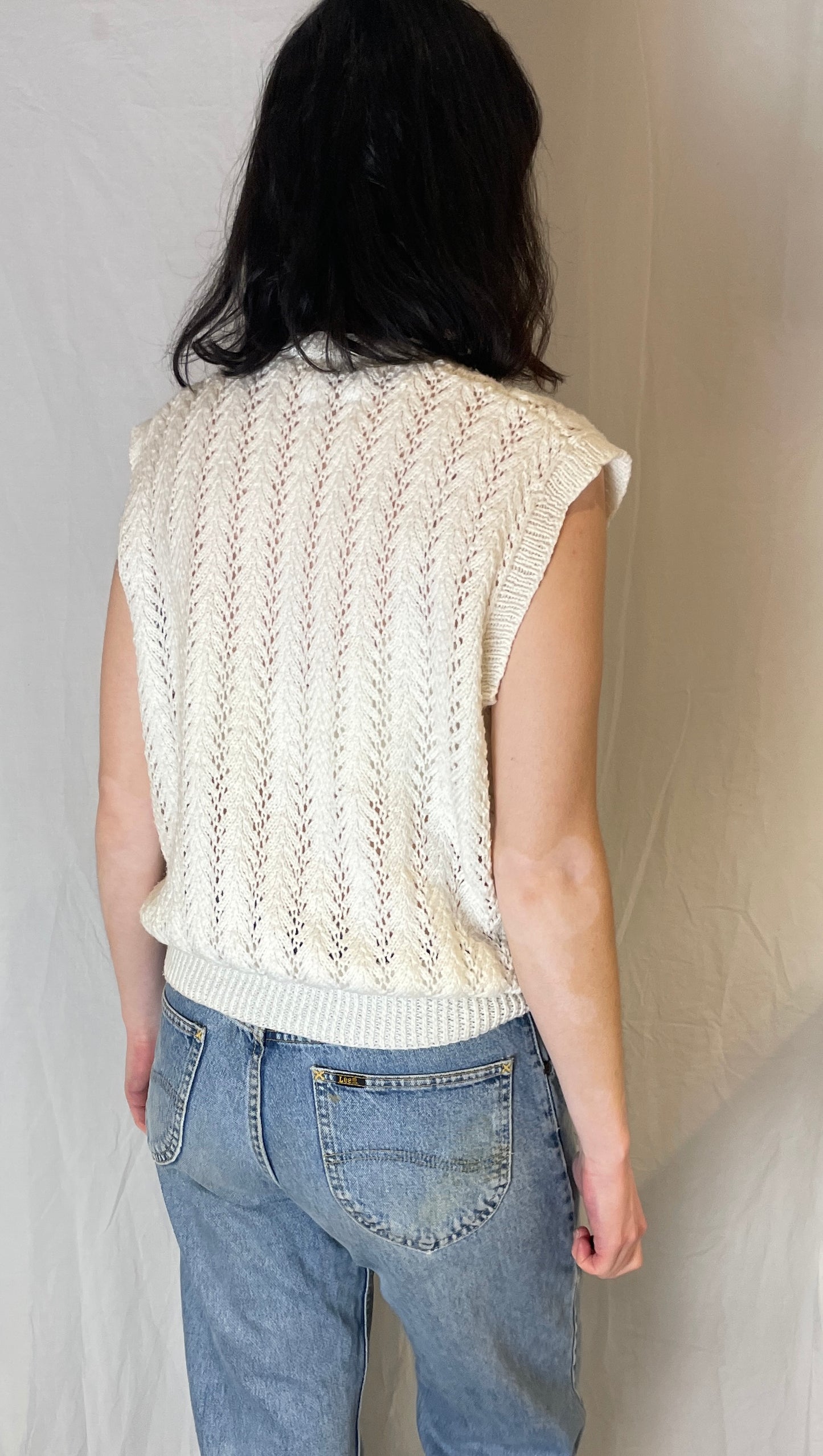 Vintage 90s White Pointelle Handknit Sleeveless Cardigan - Up To Size 14