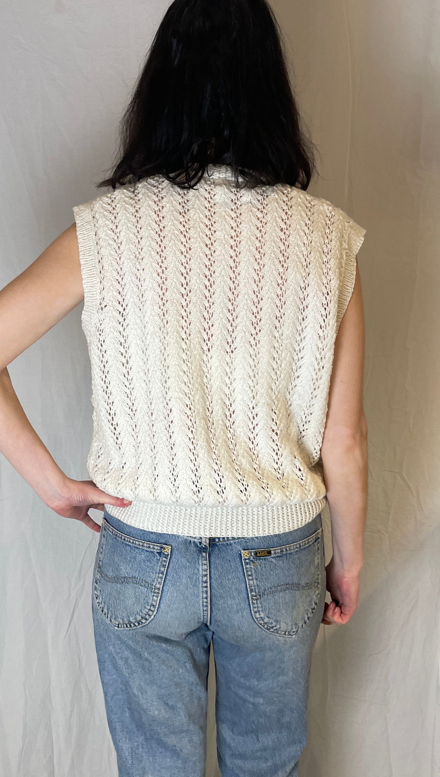 Vintage 90s White Pointelle Handknit Sleeveless Cardigan - Up To Size 14