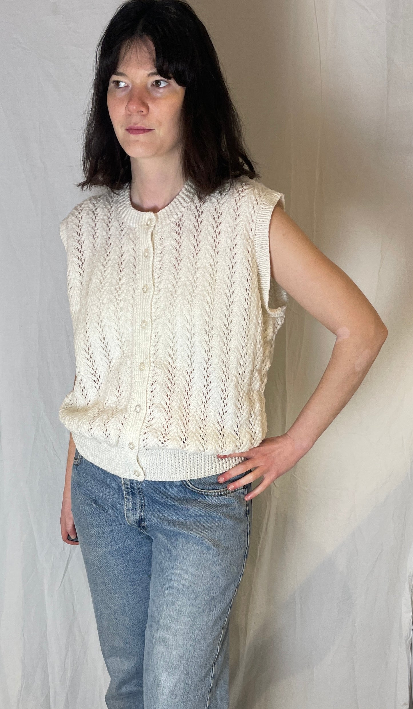 Vintage 90s White Pointelle Handknit Sleeveless Cardigan - Up To Size 14